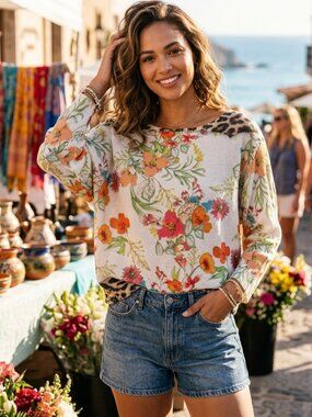 Coastal Bloom Lightweight Open-Stitch Batwing Sweater